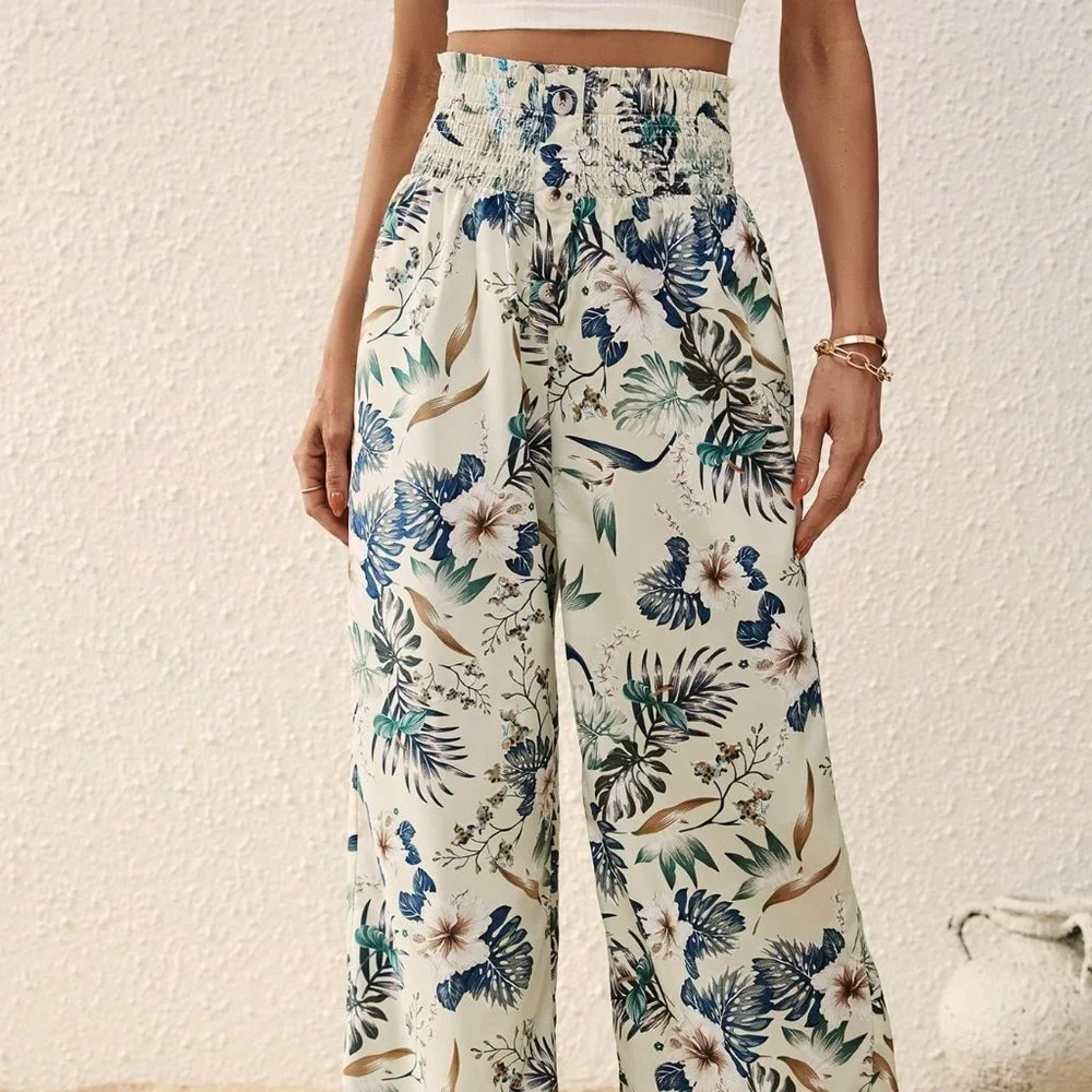Wide Leg Pants, High Waist Boho Tropical Print Flowy Hippie casual beach pants - Picture 8 of 8